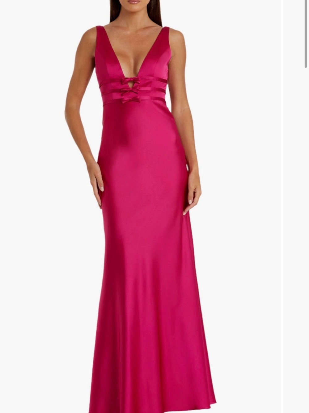 Mac Duggal Fuchsia Raspberry Pink Satin V-Neck Maxi Gown with Bow details
